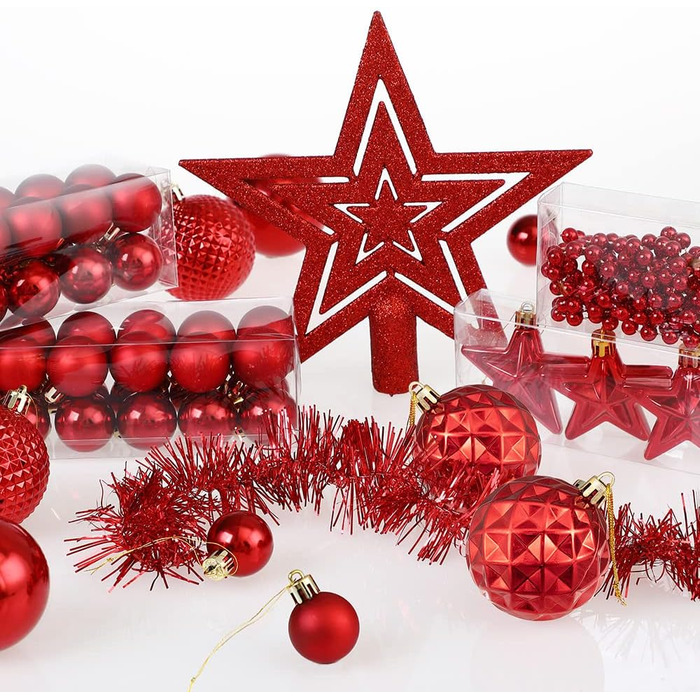 DEUBA® Новорічні кулі 66 шт. Ø 3-6 см, пластик, матові/глянцеві, прикраси для ялинки, новорічний декор (червоні)