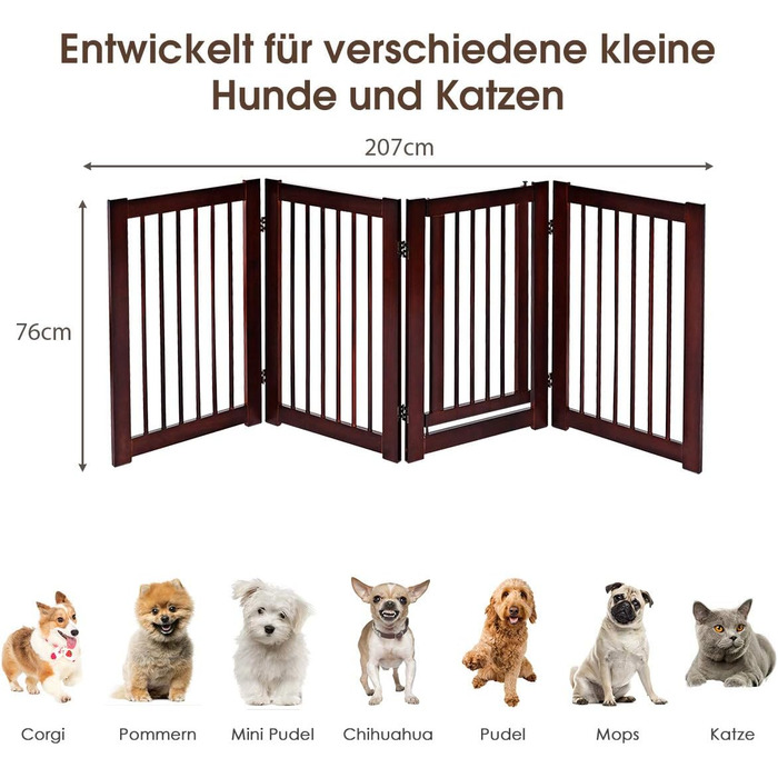 Захисний бар'єр для собак COSTWAY 76 см, 4 панелі, дерев'яний з хвірткою, для дому, дитячий, складний, коричневий