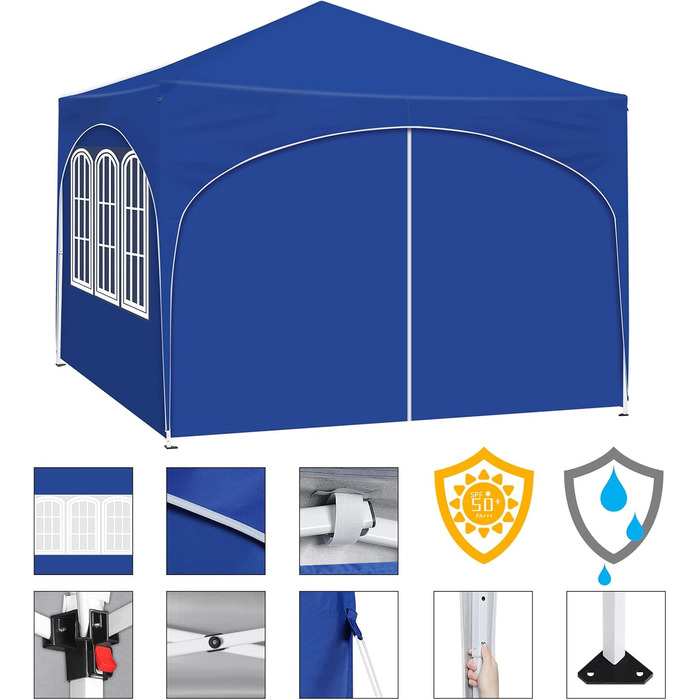 WOLTU Gazebo, Folding Gazebo 3x3 m, with 4 Side Walls, Party Tent Water-Resistant UV Protection 50+, Adjustable Height Garden Gazebo, with Carry Bag, for Outdoor Garden Camping (Blue)