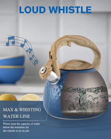 Чайник для заварювання Teekessel 2,7 л з емальованим покриттям, зелений, з імітацією дерева, з носиком, з нержавіючої сталі, антижаростійка ручка, оливковий/темно-синій