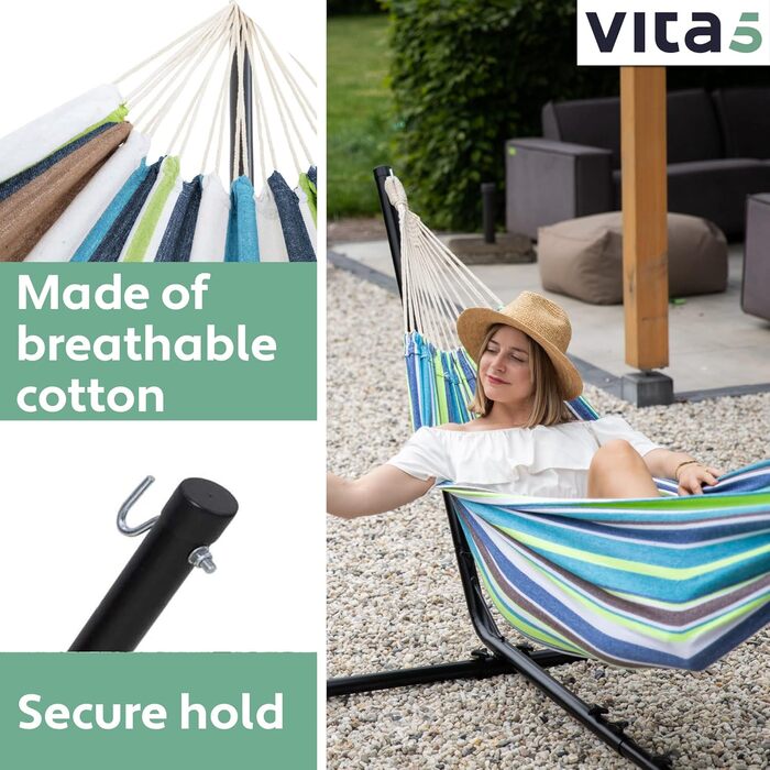 Гамак Vita5 з каркасом для двох, переносний, 200 кг, для саду, басейну, балкона та тераси