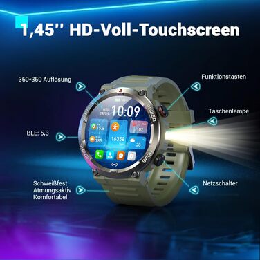 Смарт-годинник Blackview Army Green: IP68, 100 днів автономії, компас, Bluetooth-дзвінки, моніторинг серця та сну, 100+ спортивних режимів, сумісний з Android/iOS