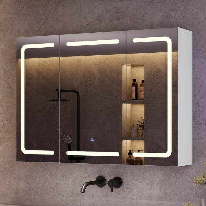 Дзеркало шафа для ванної кімнати з LED-підсвіткою, розеткою та 3 колірними температурами, 60x90x16 см, диммер, сенсорне управління, 3 регульовані полиці, білий колір
