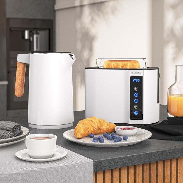 Набір Arendo: чайник з регулюванням температури та тостер на 4 скибочки з підігрівом для булок – нержавіюча сталь, білий матовий