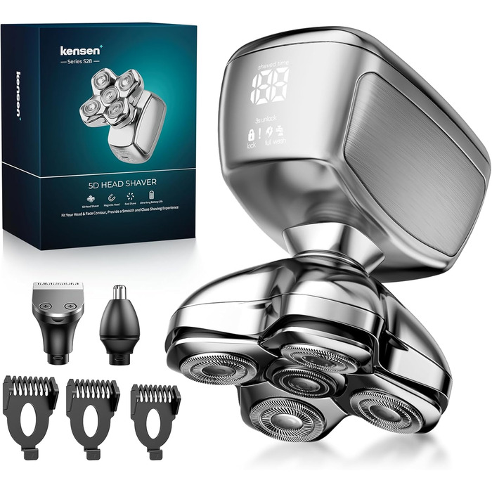 Електричний чоловічий бритва Kensen 3-в-1, IPX6, водонепроникний, для гоління голови з 5D-головками, тример для волосся та носа, для мокрого та сухого гоління, зарядка USB-C