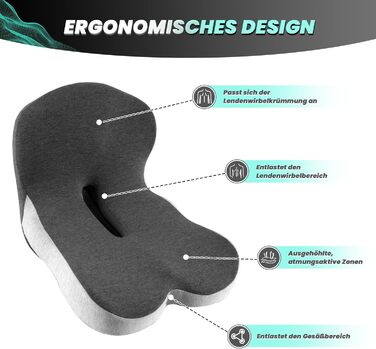 Ортопедична подушка для сидіння Urban Deco з підспинником, ергономічна подушка для спини з Memory Foam, для офісного крісла, автокрісла, інвалідного візка, чорно-сіра, 1 шт.