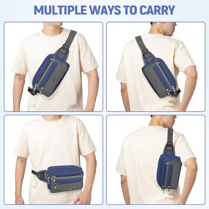 Чоловіча/жіноча поясна сумка на пояс з 7 кишенями на блискавці для спорту, фітнесу, бігу, велоспорту, подорожей та кемпінгу, блакитна
