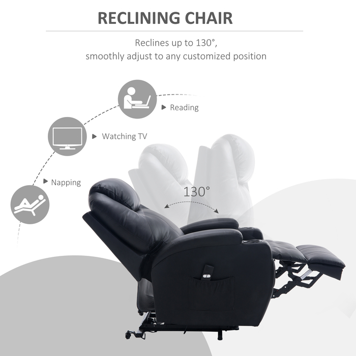 HOMCOM Recliner Chair, TV Chair with Rise Assist, with Storage Pouch, Adjustable Angle, Remote Control, 84 x 92 x 109 cm, Black | Aosom