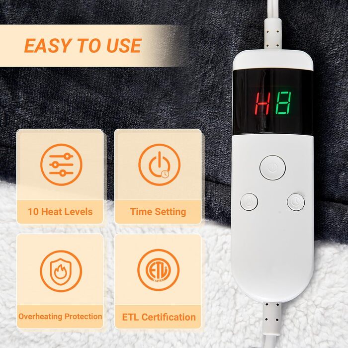 Електрична ковдра з підігрівом 130x180 см з автовимкненням, 10 температурних режимів, захист від перегріву, машинне прання, для холодних ночей, темно-сіра