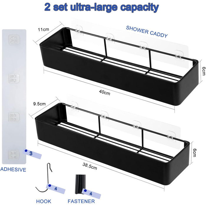 NOSTHEART Shower Shelf No Drilling, 2 Pack Shower Rack Organizer with Hooks, 38-40cm Bathroom Shelf with Large Capacity, Shower Basket for Bathroom and Kitchen