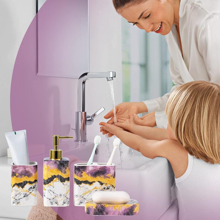 Набір аксесуарів для ванної кімнати (4 шт) – білий набір з дозатором для лосьйону, тримачем для зубних щіток, склянкою та мильницею – глянсова поверхня (мармур, білий) (фіолетовий)