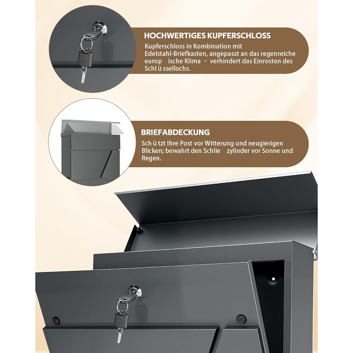 Поштовий ящик Edestahl Anthrazit з газетницею (37x37x10 см), персоналізований з табличкою для імені, вуличний, захист від реклами