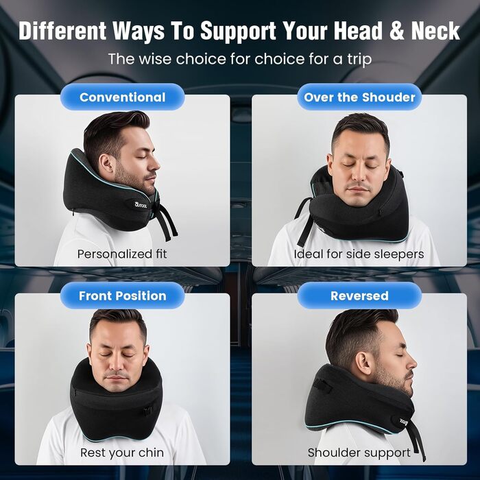 Подушка для шиї у літак Memory Foam з регульованими ремінцями, дихаючим чохлом, у вигляді «вушка» для літака, авто, поїзда. У комплекті сумка з гачком для зручного транспортування. Стандартна, для дорослих