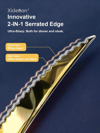 Набір столових приборів на 6 осіб, 24 предмети, нержавіюча сталь 18/10, золотий титан, сучасний дизайн, з двостороннім зазубреним ножем, для посудомийної машини