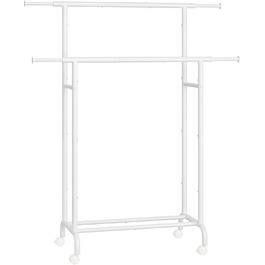 SONGMICS Clothes Rack with 2 Clothes Rods, Extendable Wardrobe Rail, with Wheels, Coat Rack, Height Adjustable between 113 and 180 cm, Lower Rod Adjustable, LLR401R01 (Cloud White, 120D x 50W x 156H cm)