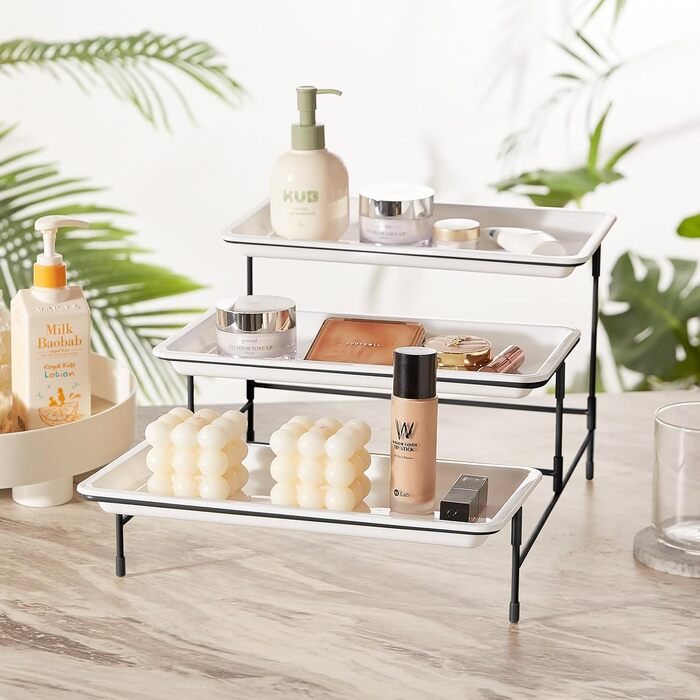 Lifewit 3-Tier Etagere with 30 x 17 cm Plastic Serving Plates, 3-Level Serving Tray Serving Platter with Folding Black Metal Shelf, Buffet Party Accessories for Vegetables/Fruit/Cookies/Cake