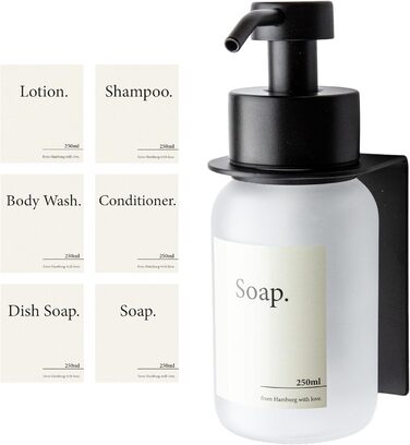 Designfabrik Hamburg | Self-Adhesive Wall-Mounted Glass Soap Dispenser | Stainless Steel Pump Dispenser for Liquid Soap | Dish Soap Dispenser No Drilling | with Wall Holder | Black/Frost