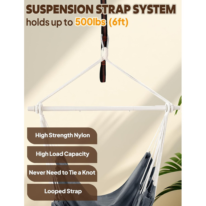 Підвісне крісло-гойдалка Chihee для саду, тераси, дому. Бавовняна гамака 130x100 см, темно-сіра. Комфорт та довговічність.