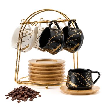 Керамічні чашки для кави та чаю з дерев'яними підставками та металевим стійком (6 шт., 130 мл) - Elegantes Option 2