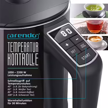 Arendo - Stainless Steel Kettle with Temperature Setting 40-100 Degrees in 5 Degree Increments - Double-Walled Design - Model ELEGANT - 1.5 Liter - 2200 W - Tea Kettle with Temperature Display - GS - Black (D: Volcanic Grey)