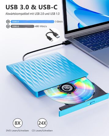 Зовнішній DVD CD привід DANGZW USB 3.0 Type-C, портативний DVD-брунер та плеєр для ноутбука та ПК (Windows, MacOS, Linux), синій