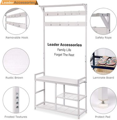 Leader Accessories Coat Rack with Bench Metal Coat Rack Rustic Clothes Rack 182x30x84cm (H x W x D) White