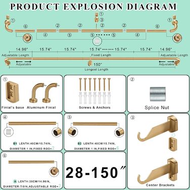 Штанга для штор Warmgold, діаметр 2,5 см, регульована штанга для затемнення, алюмінієві кінчики та кріплення, 71–381 см (28–150 дюймів), тепле золото