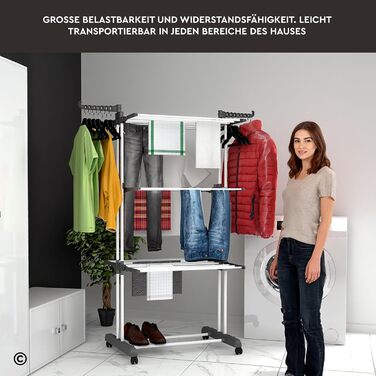 Сушарка для білизни VertiSlim Dry складана, вежа з 4 рівнями, нержавіюча сталь, з колесами та бічними крилами, сіра - для дому та вулиці