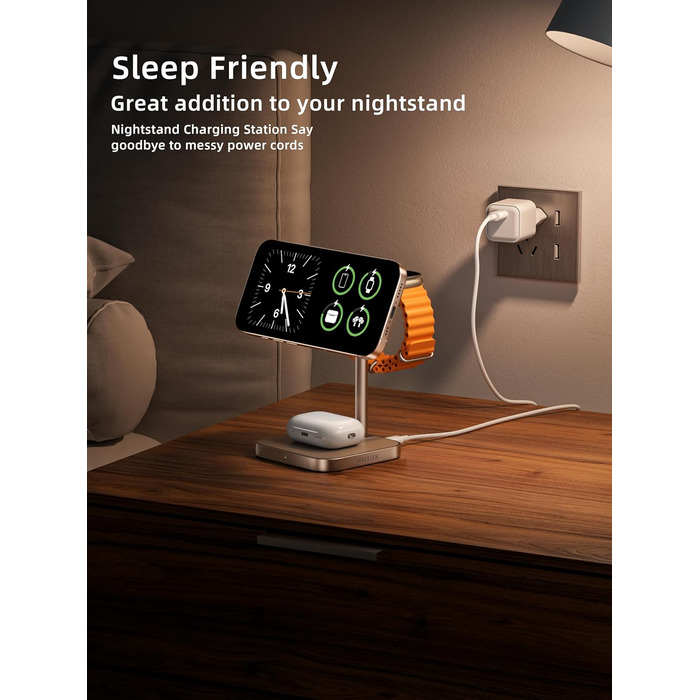 Станція зарядки LULULOOK Qi2 MagSafe 3 в 1 з алюмінію для Apple Watch та iPhone з підтримкою швидкої зарядки 15W (для iPhone 17 Pro Max/17 Pro/17 Air/17) та 5W (для Apple Watch Ultra, AirPods), титан