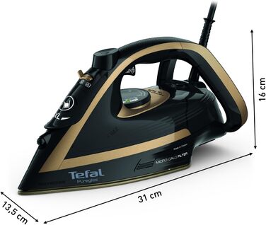 Tefal FV8064 Puregliss Steam Iron | 3000 Watts | 280 g/min Steam Boost | 0-50 g/min Variable Steam | Vertical Steam | Durilium AirGlide Autoclean Soleplate | Micro-Calc Filter | Black/Gold Black / Gold