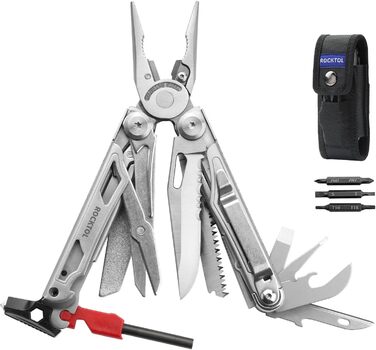 ROCKTOL 22-in-1 Multifunction Pliers - Camping Survival Tool with Fire Starter, Whistle, Glass Breaker & Safety Lock