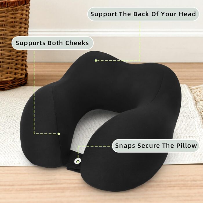 Подушка для шиї у подорожах: Memory Foam, для авто, літака, офісу та дому (чорна)