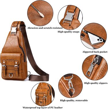 Чоловіча нагрудна сумка через плече з PU-шкіри, водонепроникна, світло-коричнева