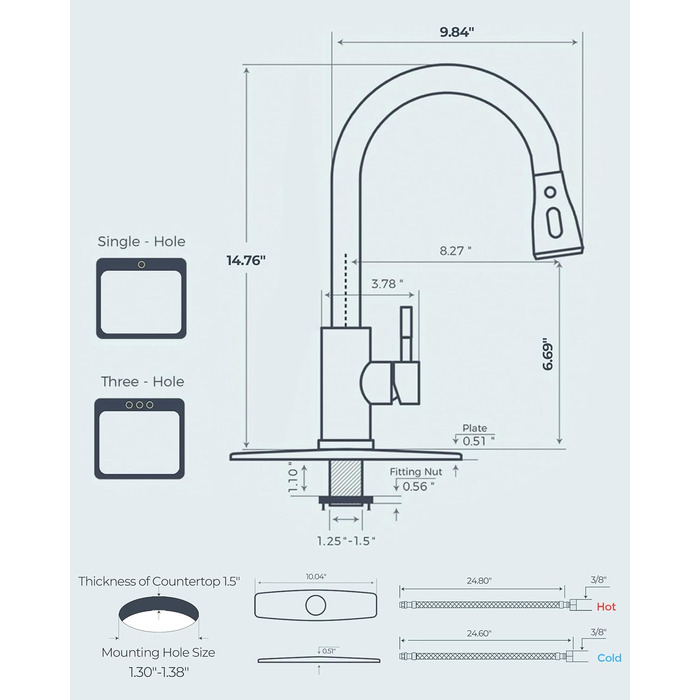 Змішувач для кухні FORIOUS висувний з душем, кухонний, L-подібний, 360° обертання, нержавіюча сталь