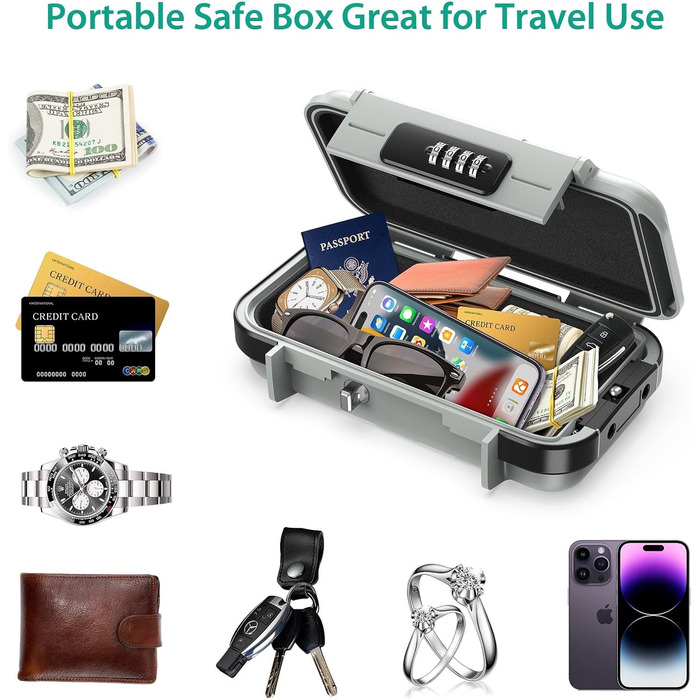 Сейф ORIA портативний з кодовим замком, водонепроникний, для відпочинку, подорожей, офісу (сірий)