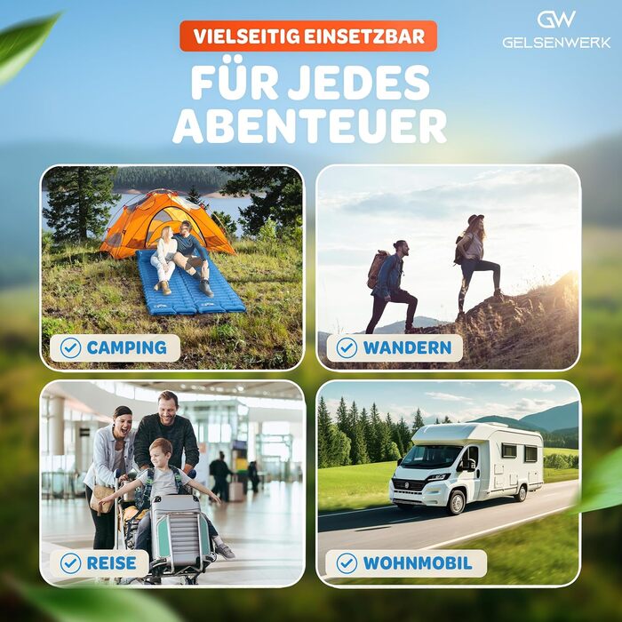 GELSENWERK Self-Inflating Sleeping Pad with Foot Pump - Ultralight Camping Air Mattress with Pillow for Travel, Hiking & Tent Use