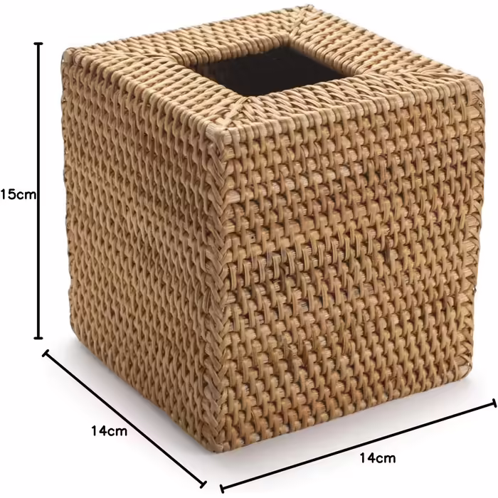 DOKOT Rattan Cosmetic Tissue Box - Tissue Box Natural for Home/Office/Car - Square (Natural, 14x14x15cm)