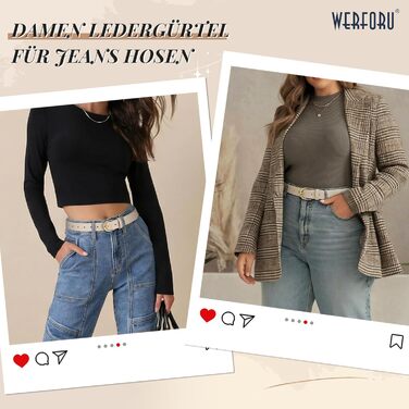 Жіночий шкіряний ремінь WERFORU для джинсів, спідниць та суконь з золотою пряжкою (бежевий, довжина 120 см, під талію 95-107 см)