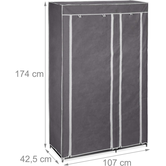 Relaxdays Fabric Wardrobe with Clothes Rail & 5 Compartments, HBT: 174 x 107 x 42.5 cm, Sturdy Folding Wardrobe with Cover, (Grey)