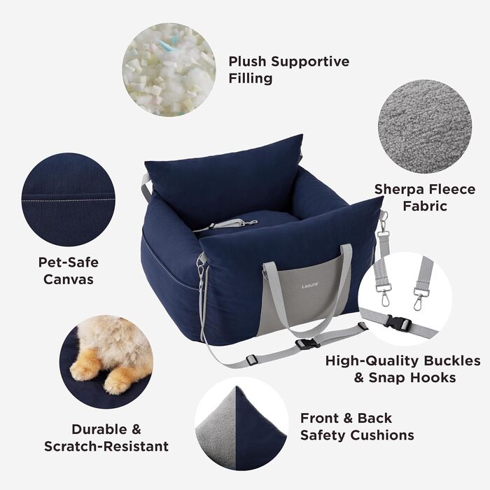 Pet Car Seat for Small Dogs - Waterproof and Washable Dog Car Seat with Storage Pockets, Detachable Safety Leash, and Thickened Memory Foam Filling, 58x56x33cm, (Navy Blue)