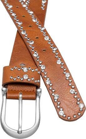 Жіночий ремінь Caspar GU292 з декором стрази та заклепки, колір коньяк, розмір 107-111 см