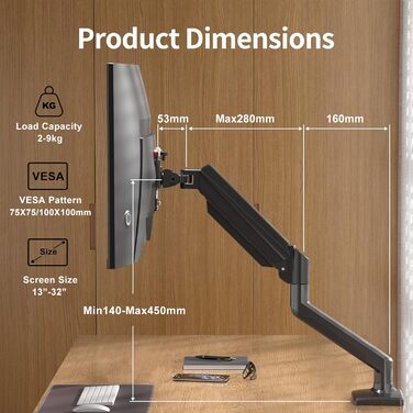 Кріплення для монітора Suptek MD01A: підходить для моніторів 13-32 дюймів, до 9 кг, газ-амортизатор, 360° оберт, регулювання висоти, нахил, VESA 75x75/100x100 мм, чорний