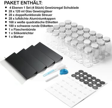 Black Spice Drawer Organizer with 28 Spice Jars, 348 Labels, Sifter and Pour Lids with Airtight Aluminum Caps, 4-Tier Clear Acrylic Drawer Tray Rack with Spice Containers