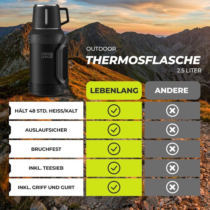 Термос LEBENLANG 2,5 л з чашкою, ситом та ремінцем - 24 год тепла. Термофляшка, термокухоль, фляга з нержавіючої сталі, 2500 мл
