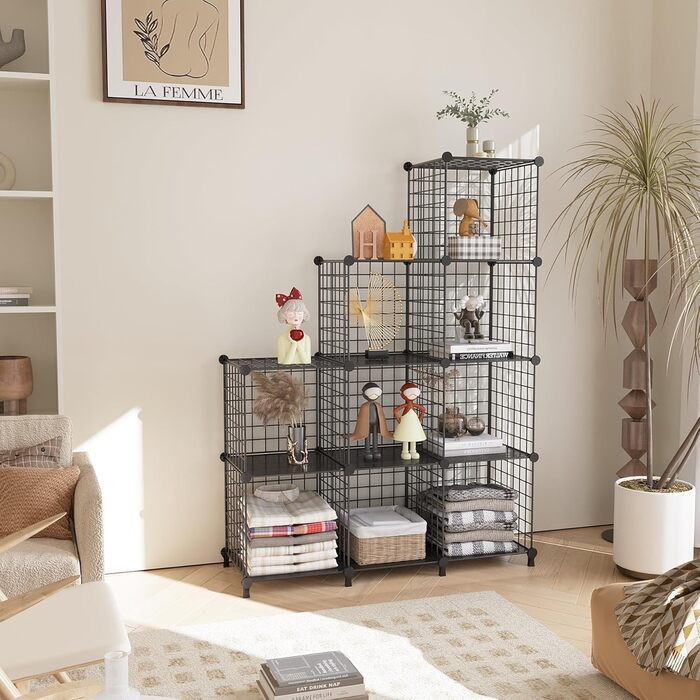 AWTATOS Regal 12 Regal Wire Cube Stackable Shelf Cube DIY Metal Grid Shelf Cube Bookshelf Cube Shelf With Doors For Living Room, Bedroom, Bathroom USCIH12BE (Medium, Black)