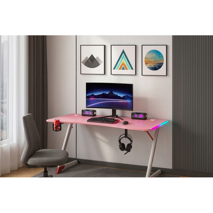 Ігровий комп'ютерний стіл з LED-підсвіткою, сучасне геймерське письмовий стіл, 120 см, рожевий
