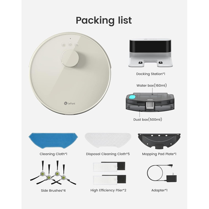 Робот-пилосос LEFANT M2Plus з функцією миття, 6000Pa, LiDAR-навігація, самоочищення, ідеальний для шерсті тварин, білий (M1-C)