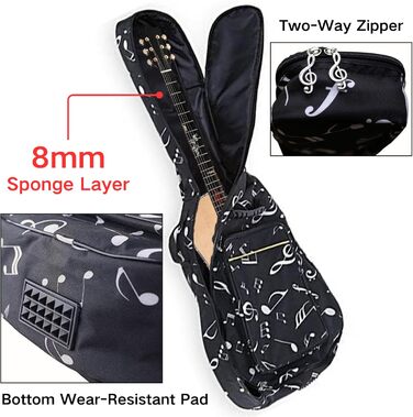 Водонепроникний кейс для гітари SUQ Oxford, 40/41 дюймів, з принтом музичних нот, нейлон, Gigbag, для електро-, акустичної та концертної гітари, ударостійкий, 8 мм підкладка, водонепроникний (чорний)