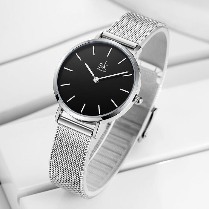 SK Ультратонкі мініатюрні жіночі годинники з двома стрілками. Елегантні годинники для жінок з шкіряним ремінцем (срібляста сітка)