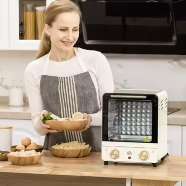 HOMCOM 15L Mini Oven with Convection 1000W 60-230°C, 1 Hour Timer, Pizza Oven including Baking Tray & Crumb Tray, cream white